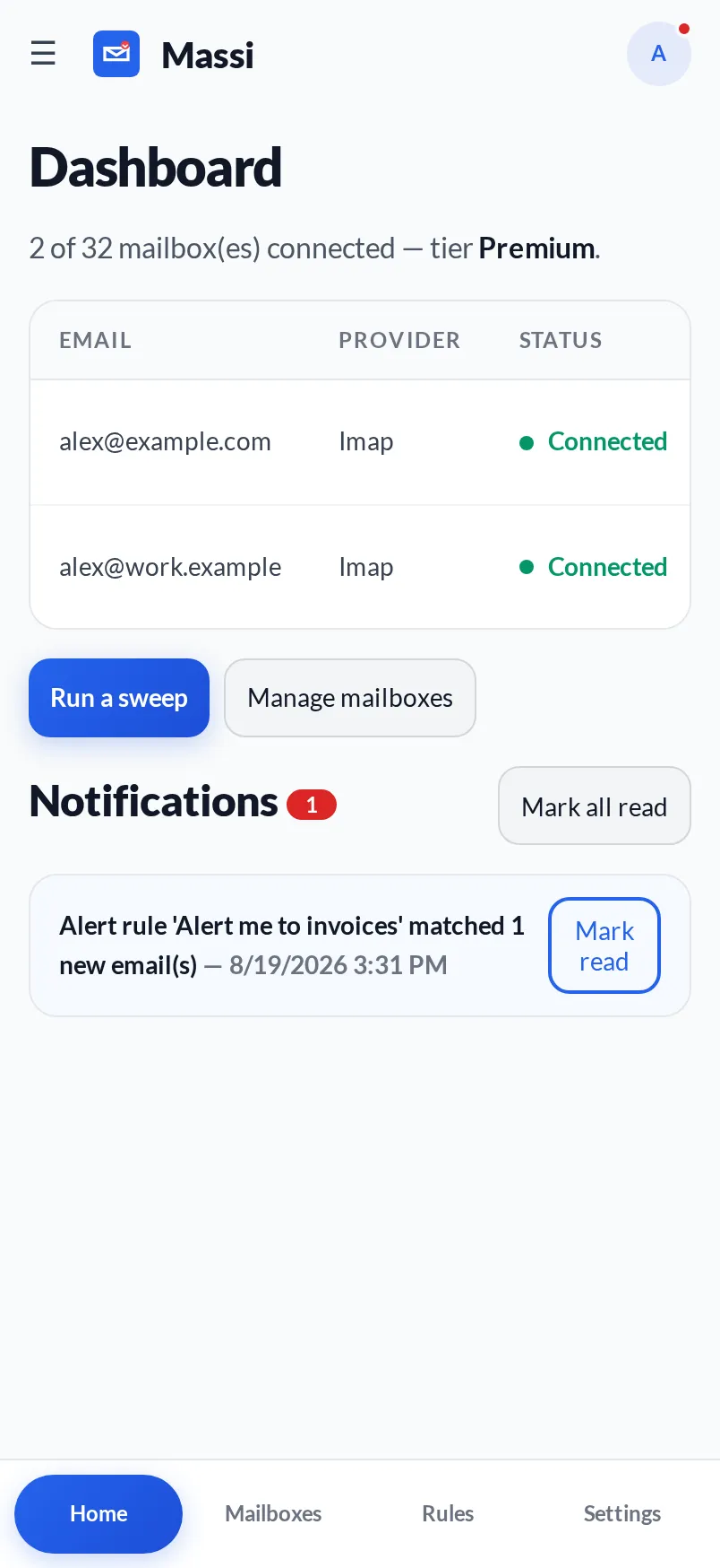 Massi dashboard on a phone: two connected mailboxes and an alert that a new invoice arrived