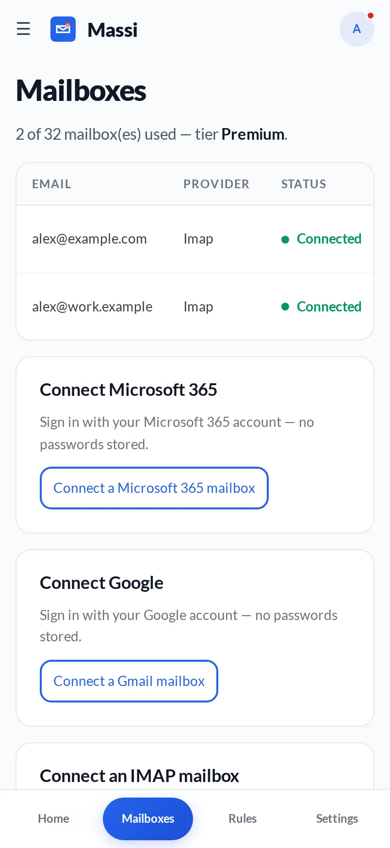 The Mailboxes page: two connected mailboxes, and cards to connect Microsoft 365, Google, or any IMAP mailbox