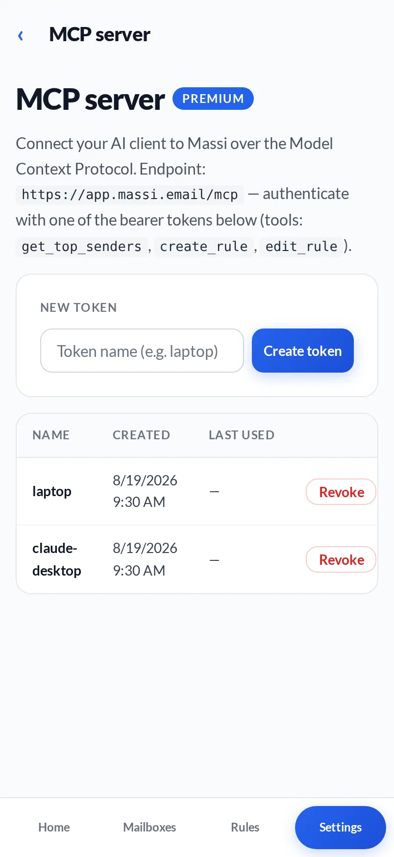 The MCP server page: the endpoint, the tools it exposes, and two bearer tokens named laptop and claude-desktop