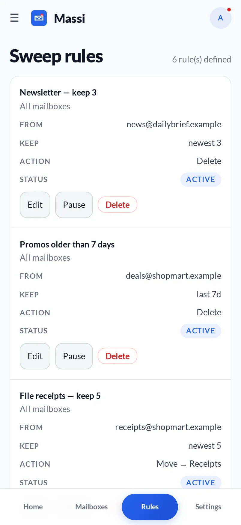 The Sweep rules page: rules like 'Newsletter — keep 3' and 'Promos older than 7 days', each showing its sender, keep value and action