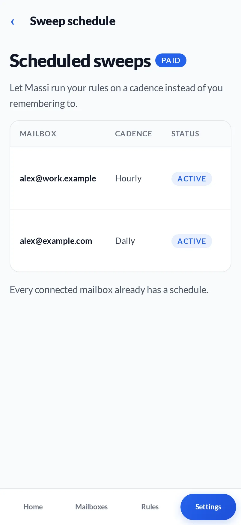 The Scheduled sweeps page: one mailbox swept hourly, another daily, both active